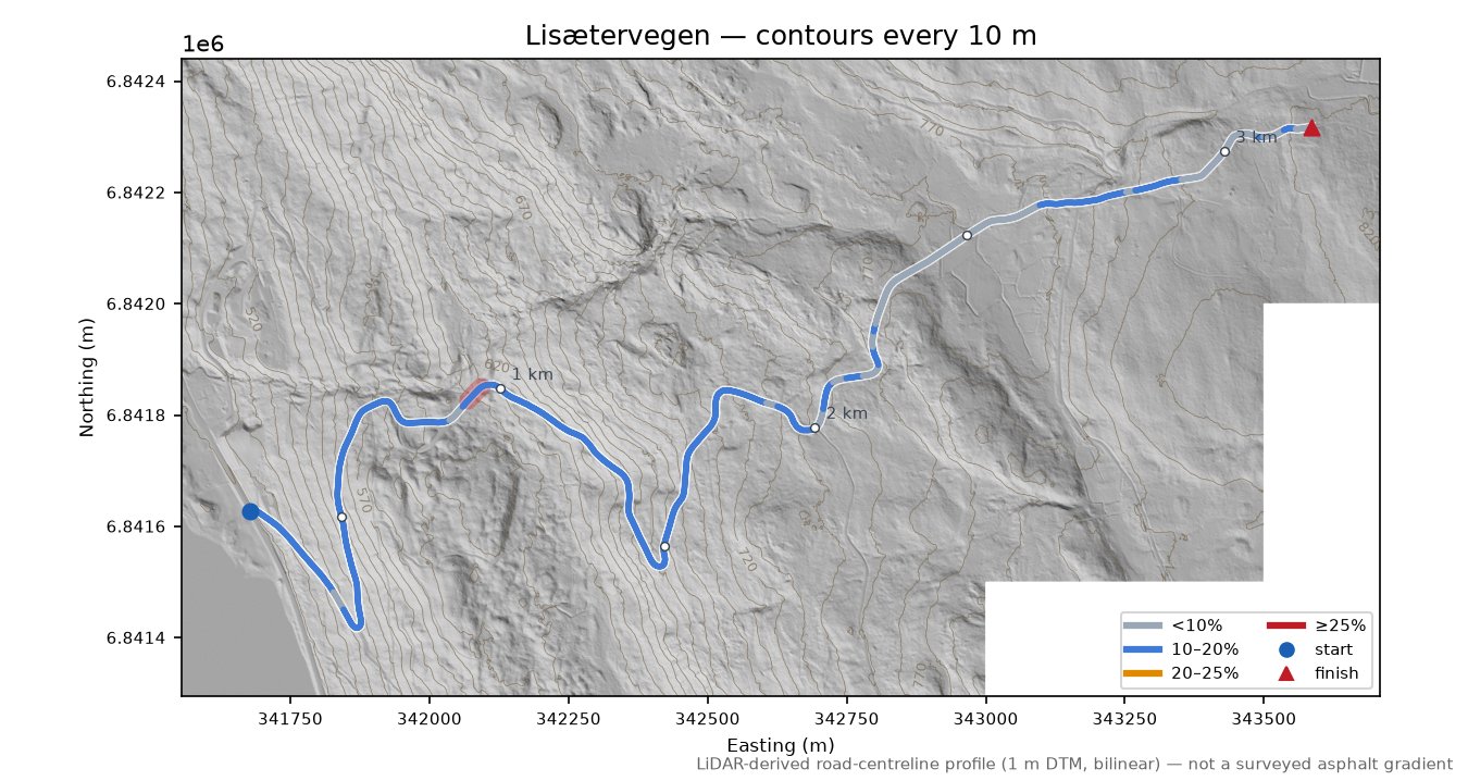 Lisætervegen LiDAR hillshade map with contours