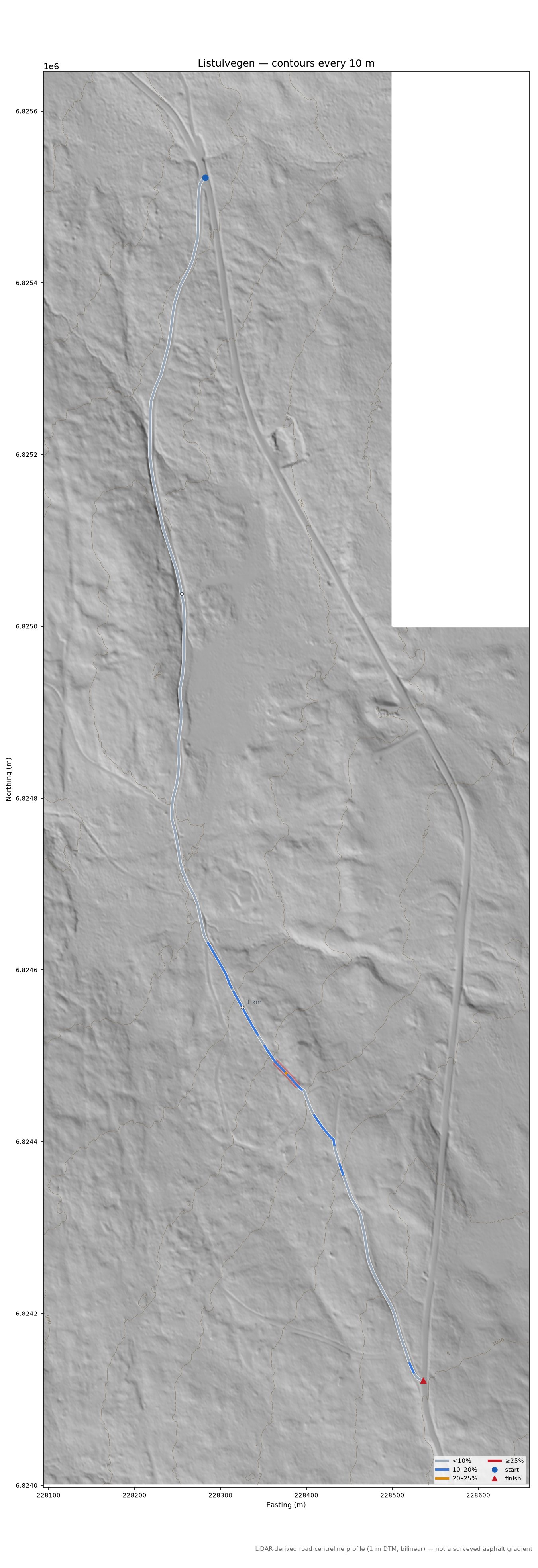 Listulvegen LiDAR hillshade map with contours