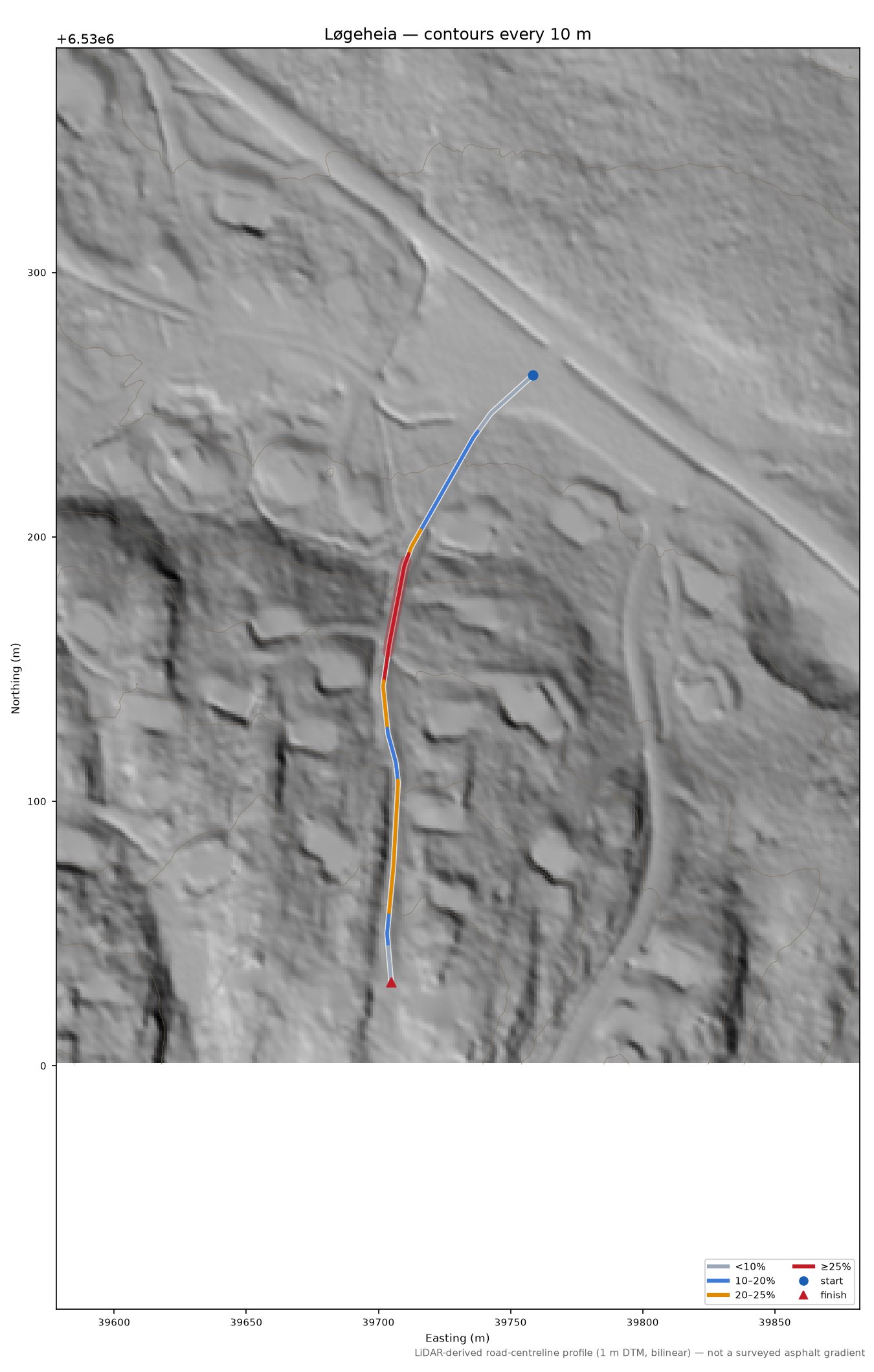 Løgeheia LiDAR hillshade map with contours