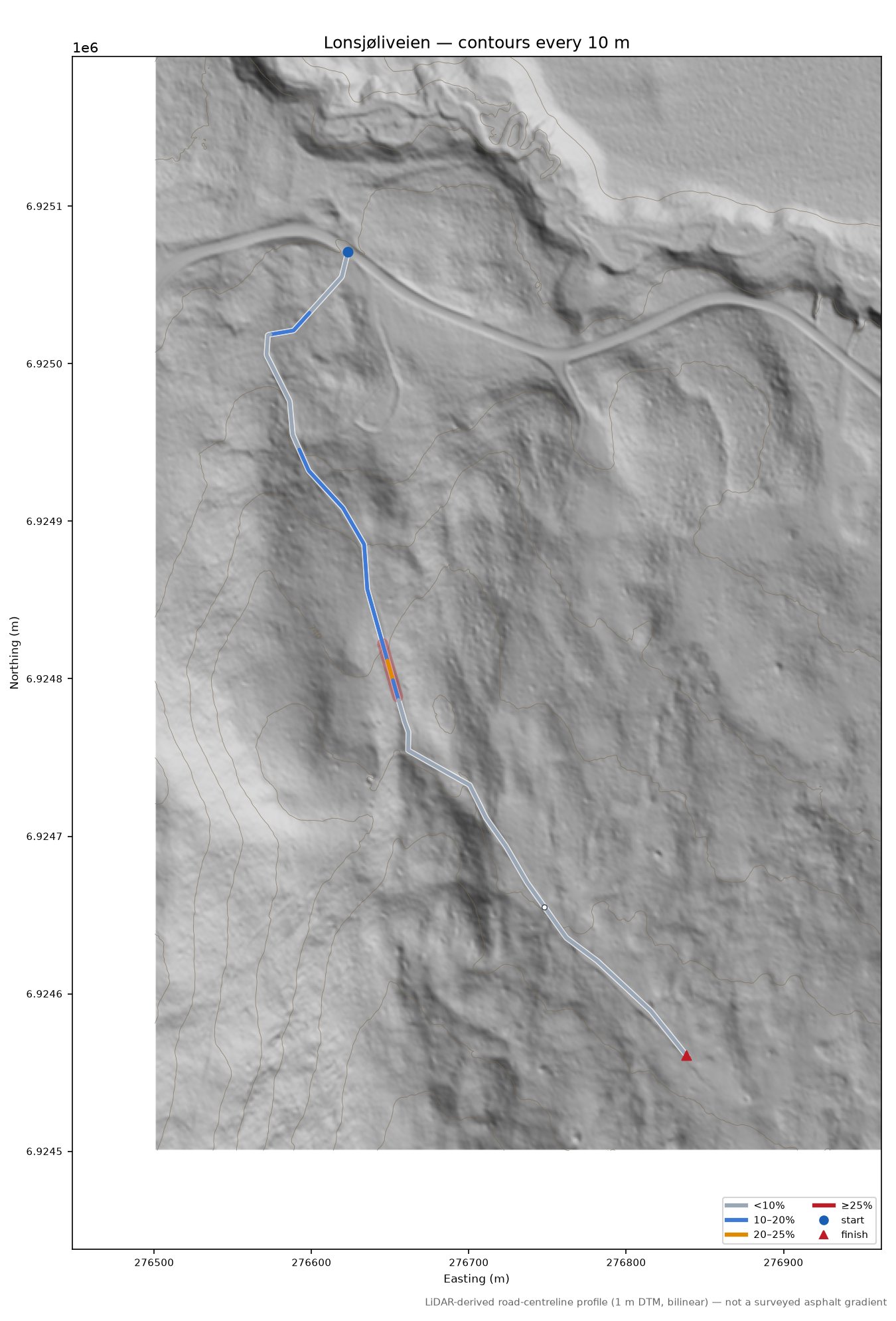 Lonsjøliveien LiDAR hillshade map with contours
