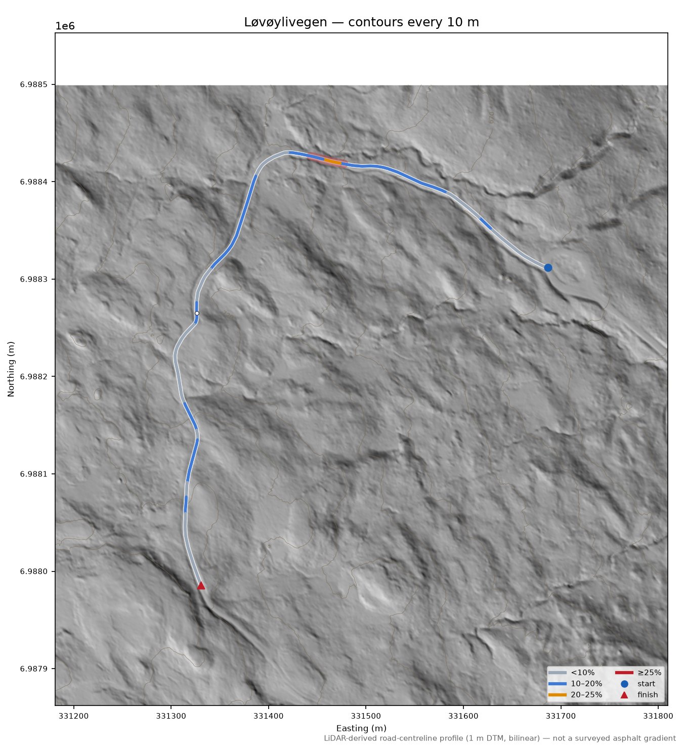 Løvøylivegen LiDAR hillshade map with contours