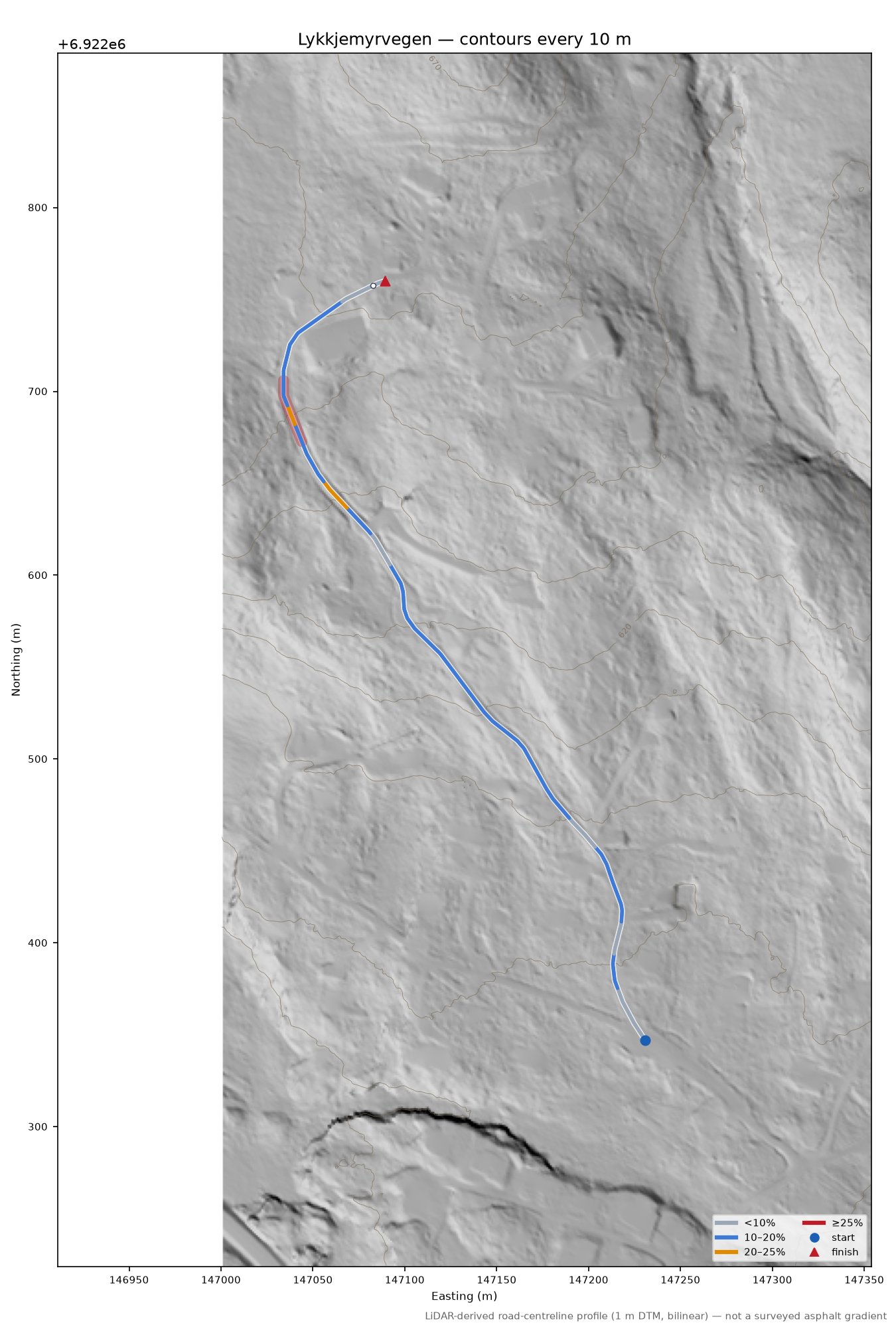 Lykkjemyrvegen LiDAR hillshade map with contours