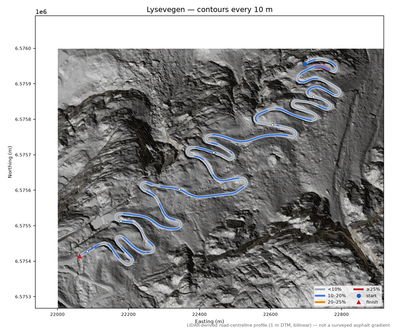 Lysevegen LiDAR hillshade map with contours