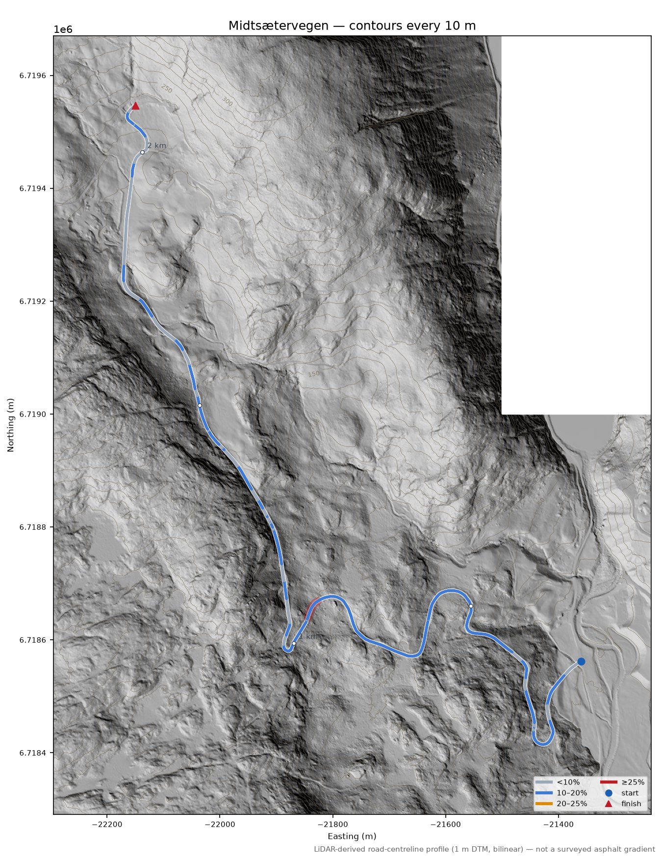 Midtsætervegen LiDAR hillshade map with contours
