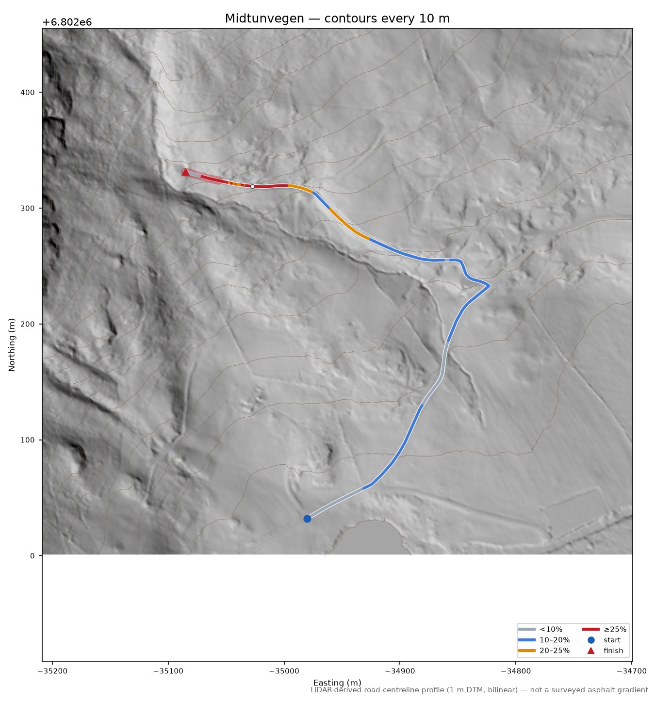 Midtunvegen LiDAR hillshade map with contours