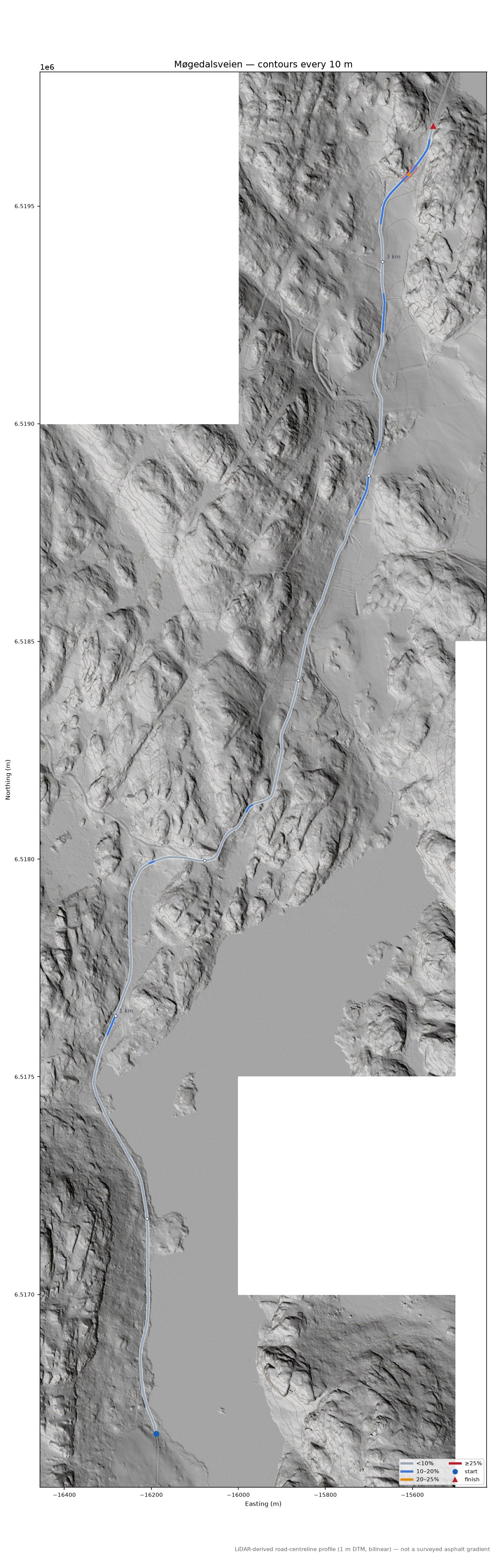 Møgedalsveien LiDAR hillshade map with contours