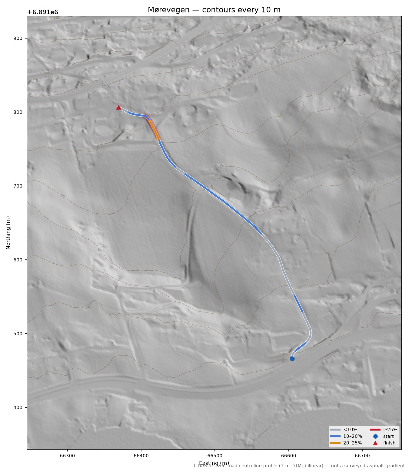 Mørevegen LiDAR hillshade map with contours