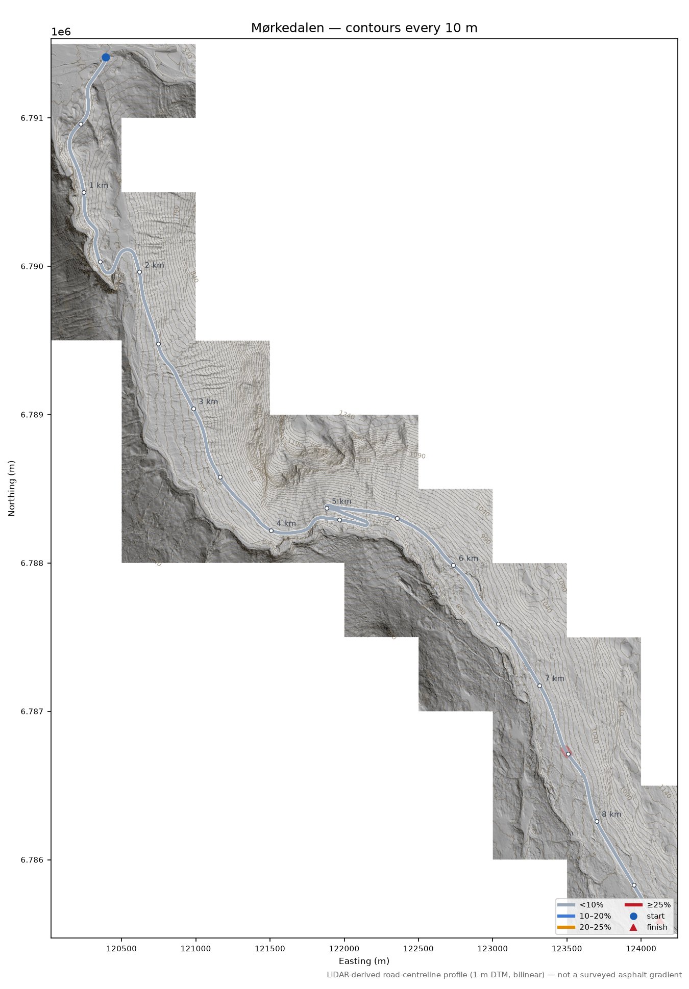 Mørkedalen LiDAR hillshade map with contours