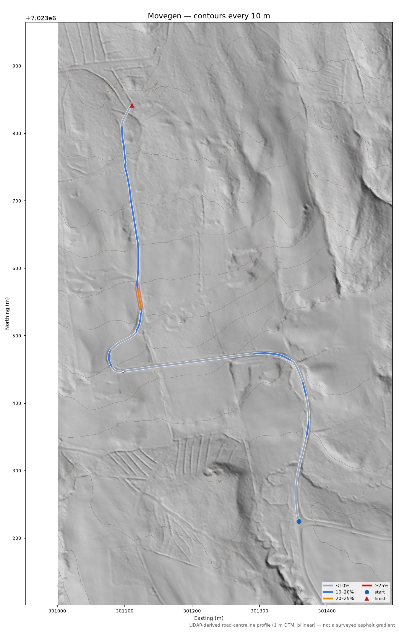 Movegen LiDAR hillshade map with contours