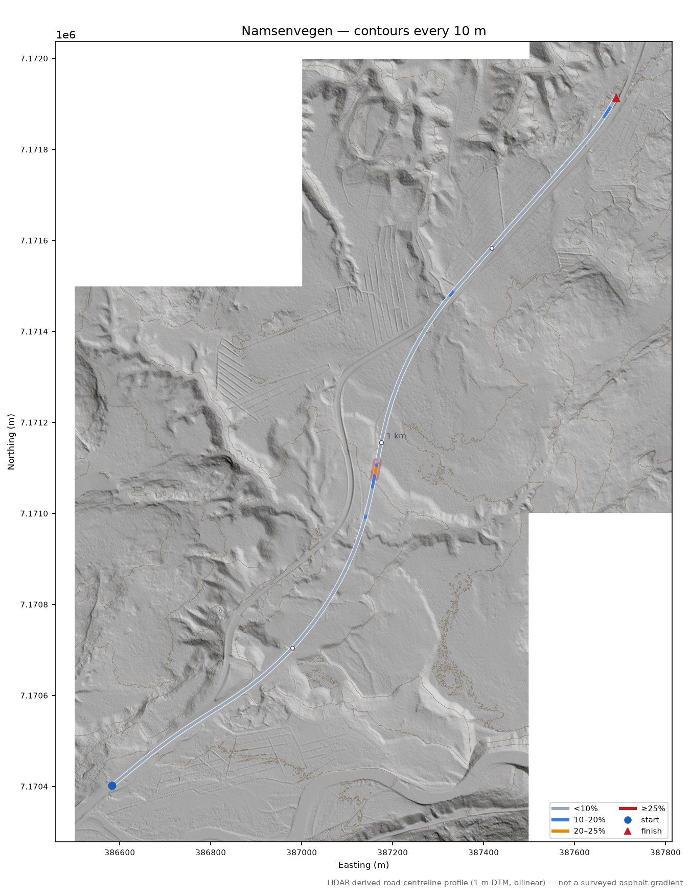 Namsenvegen LiDAR hillshade map with contours