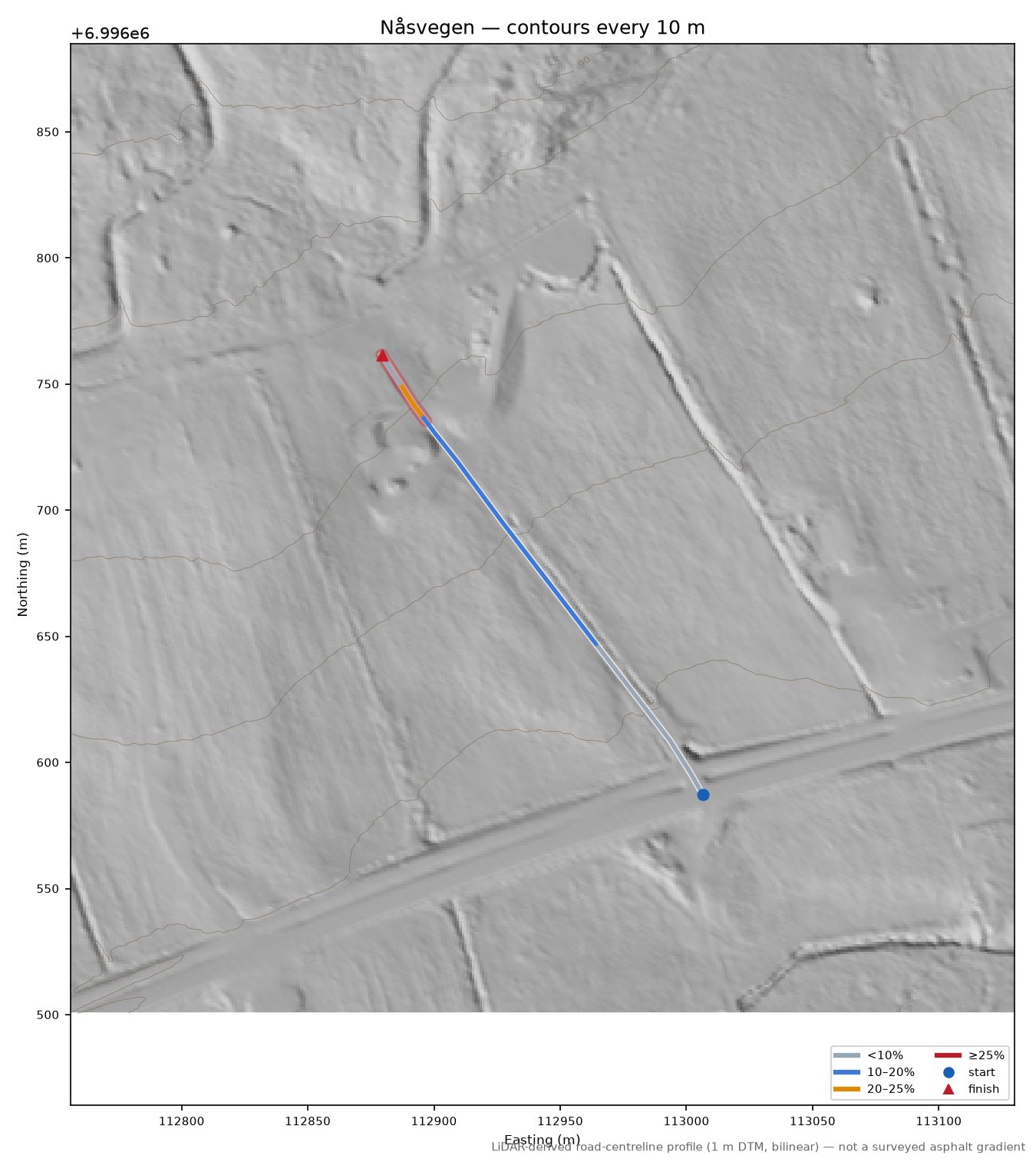 Nåsvegen LiDAR hillshade map with contours