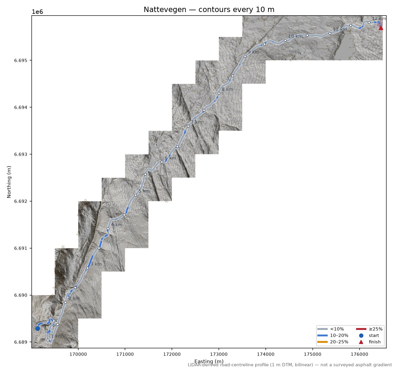 Nattevegen LiDAR hillshade map with contours