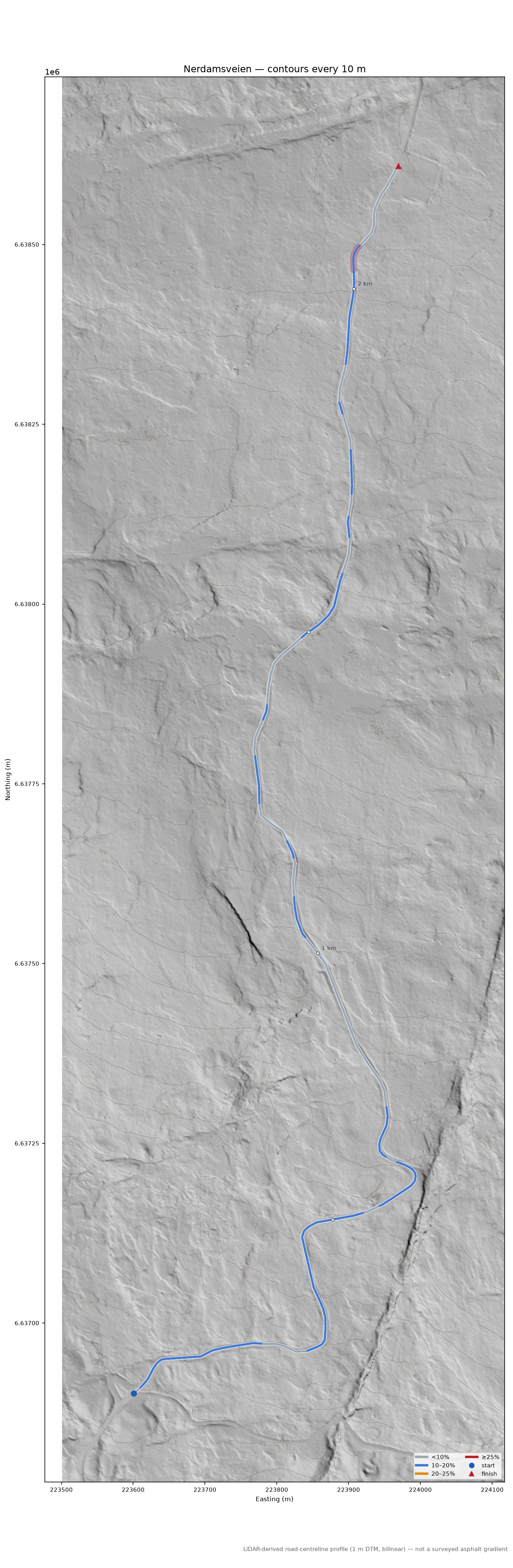 Nerdamsveien LiDAR hillshade map with contours