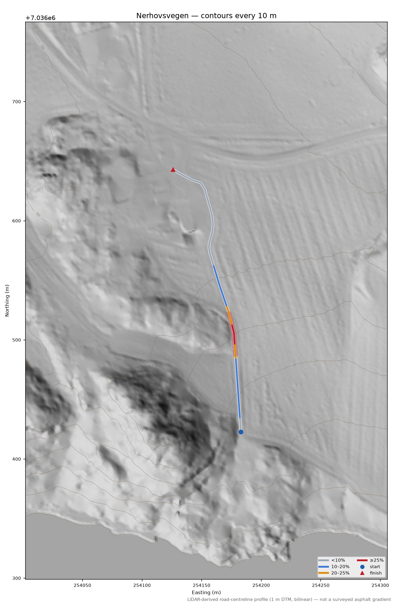 Nerhovsvegen LiDAR hillshade map with contours