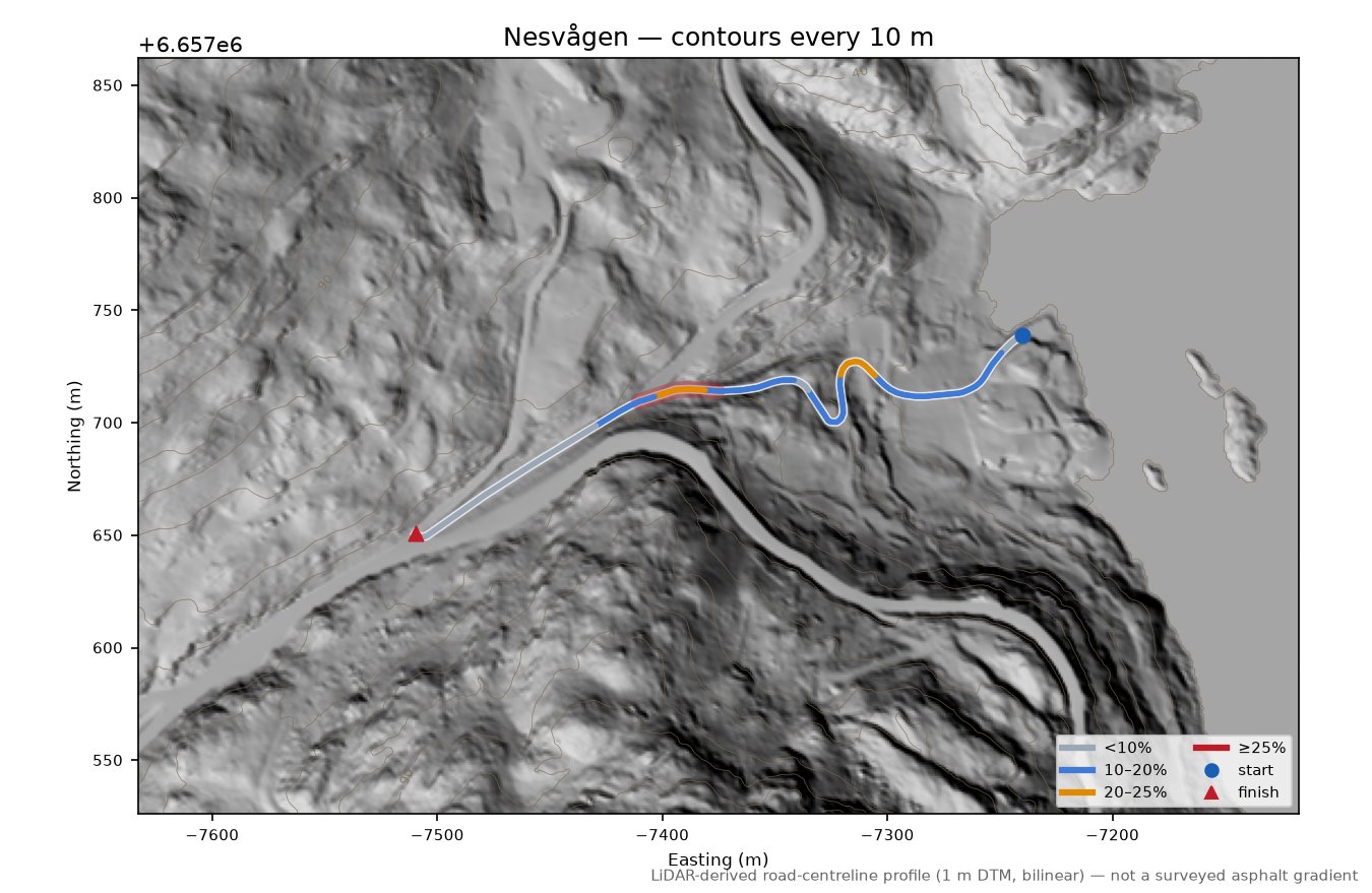 Nesvågen LiDAR hillshade map with contours