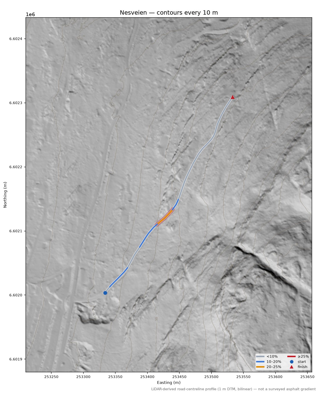 Nesveien LiDAR hillshade map with contours