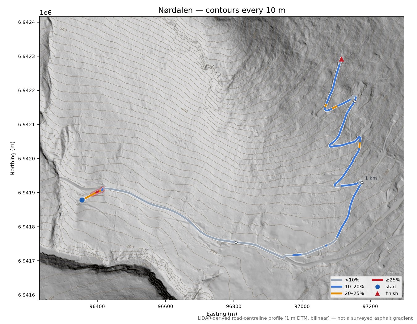 Nørdalen LiDAR hillshade map with contours
