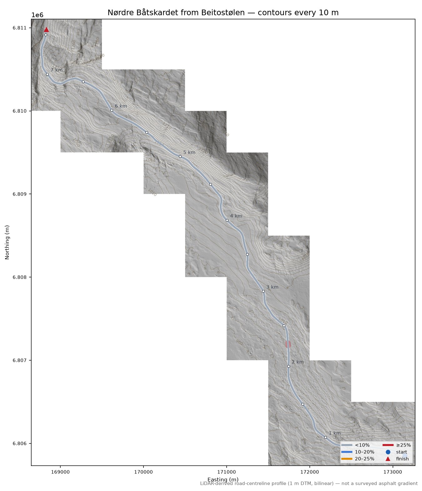 Nørdre Båtskardet from Beitostølen LiDAR hillshade map with contours