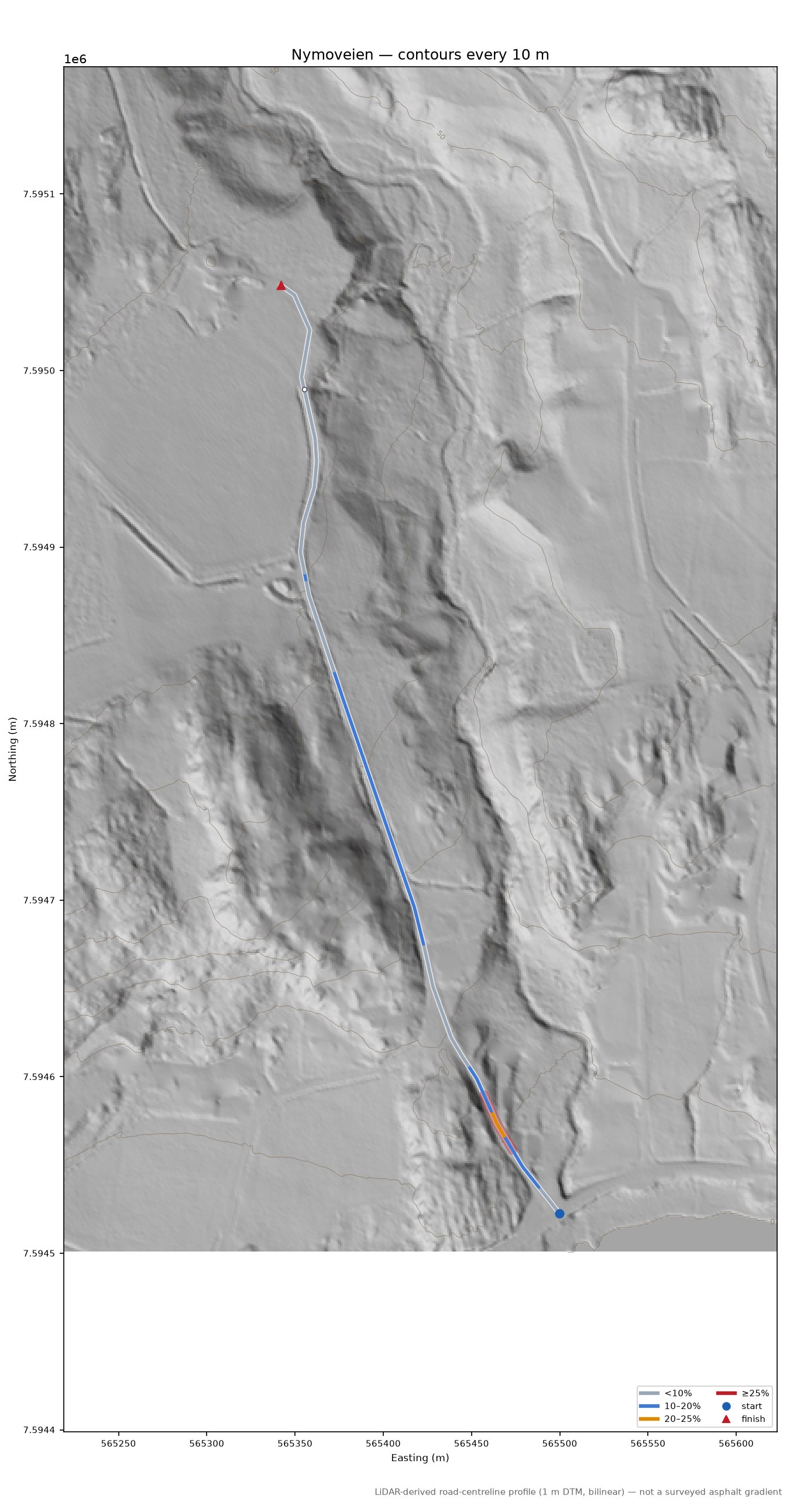 Nymoveien LiDAR hillshade map with contours