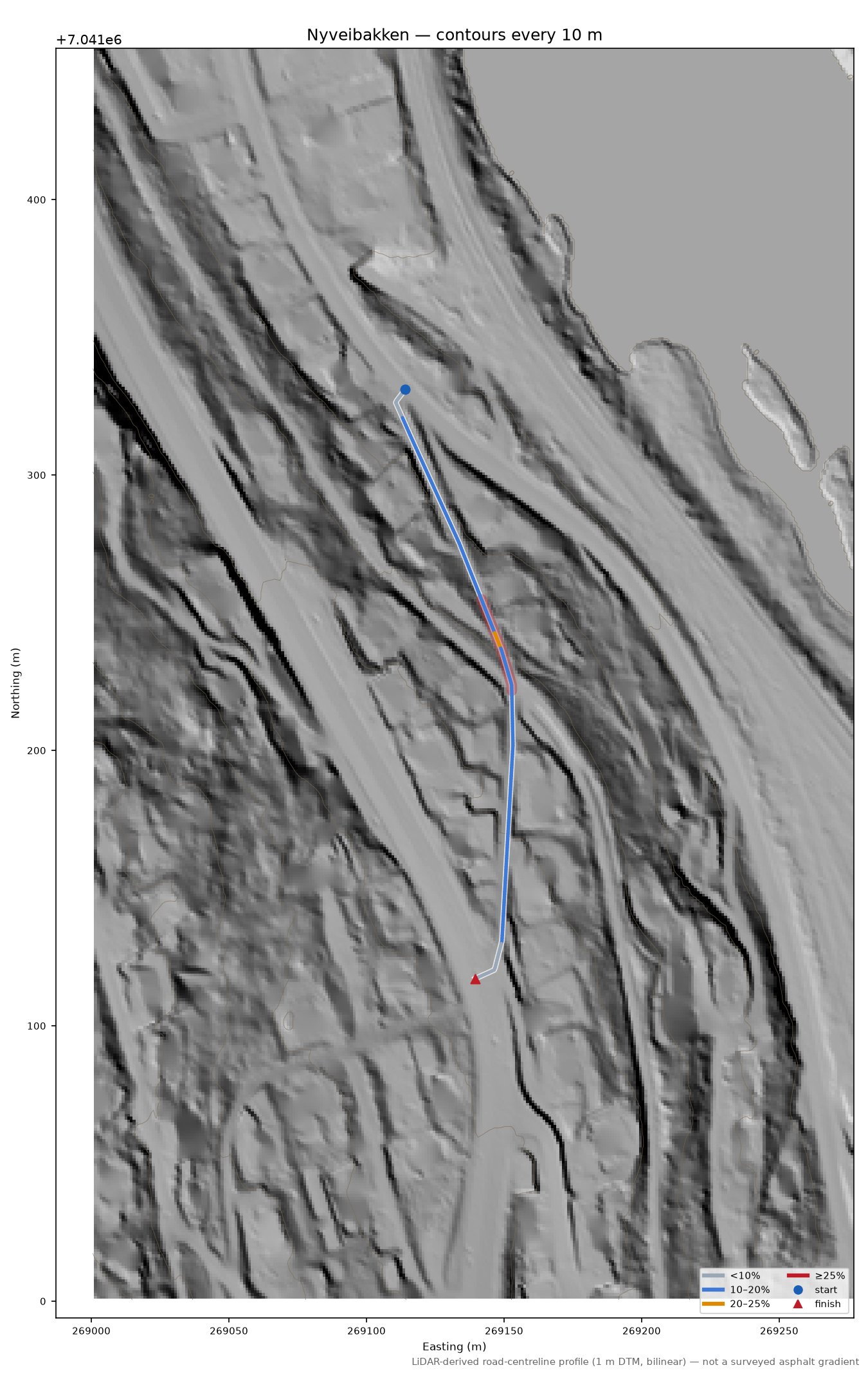 Nyveibakken LiDAR hillshade map with contours
