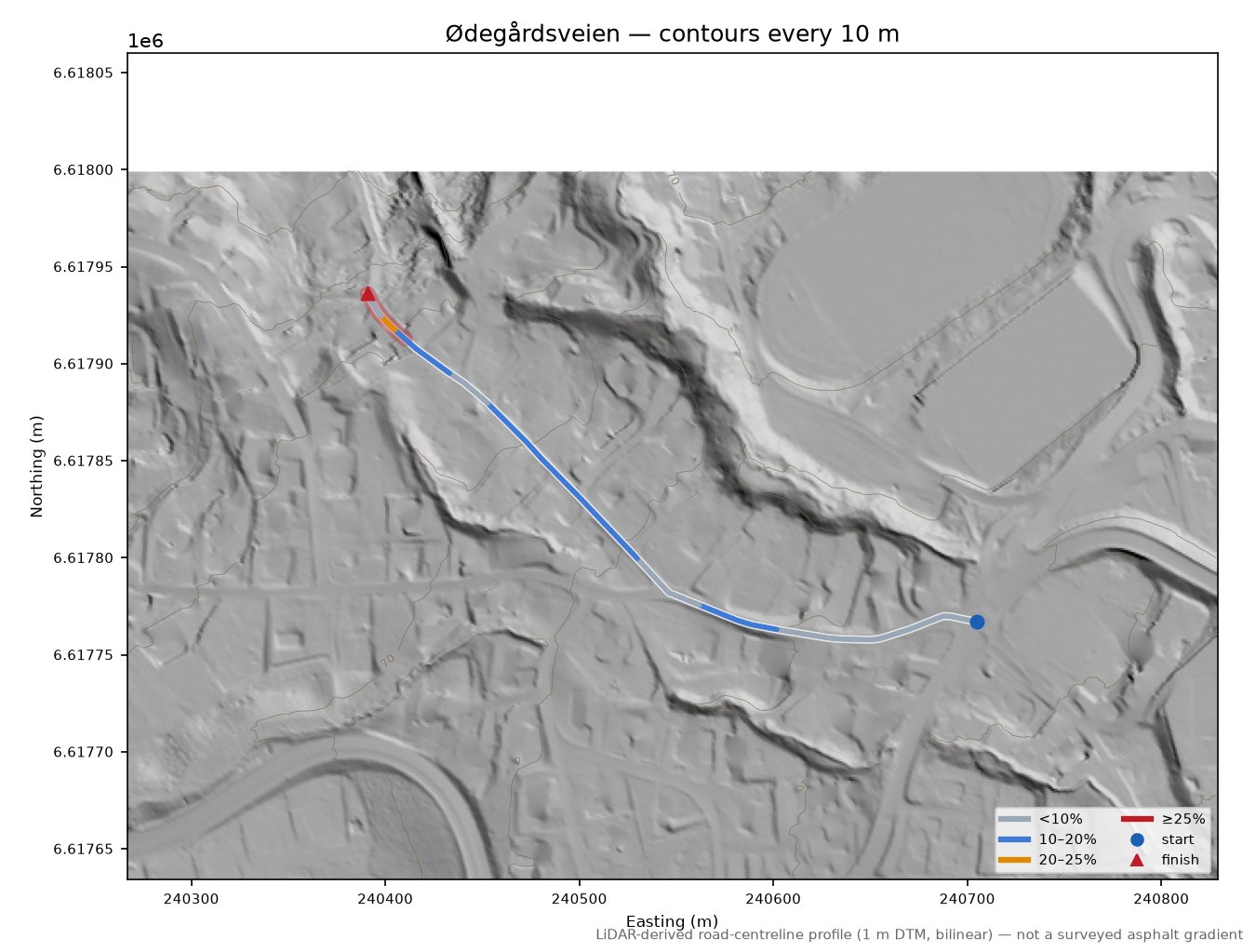 Ødegårdsveien LiDAR hillshade map with contours