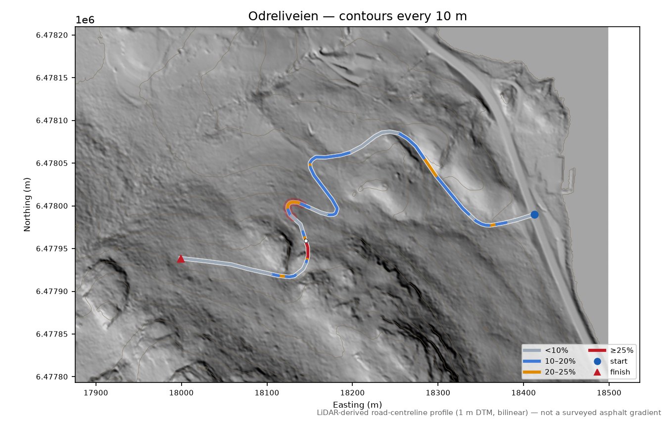 Odreliveien LiDAR hillshade map with contours