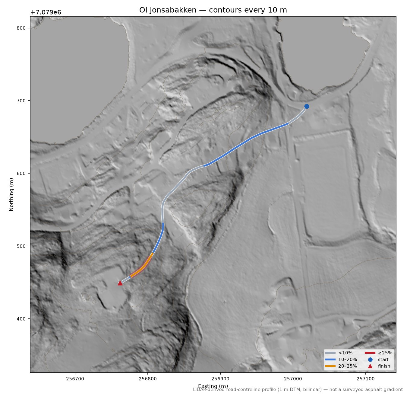 Ol Jonsabakken LiDAR hillshade map with contours