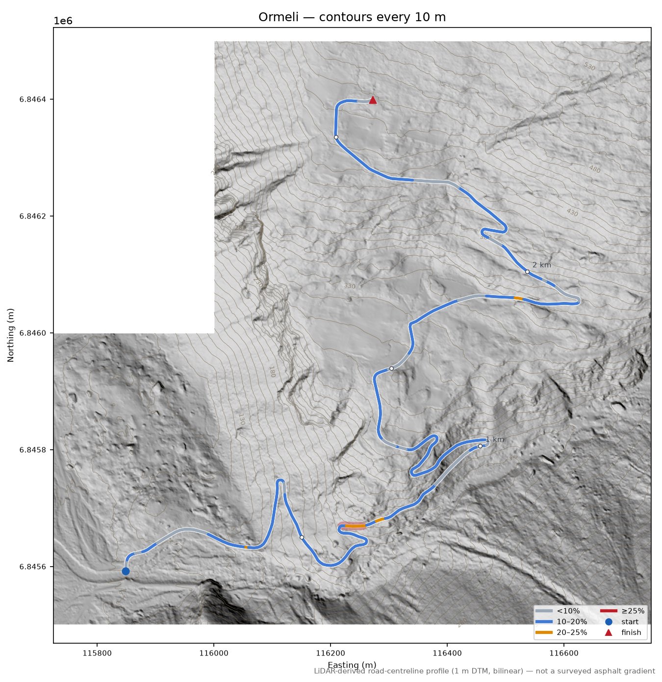 Ormeli LiDAR hillshade map with contours