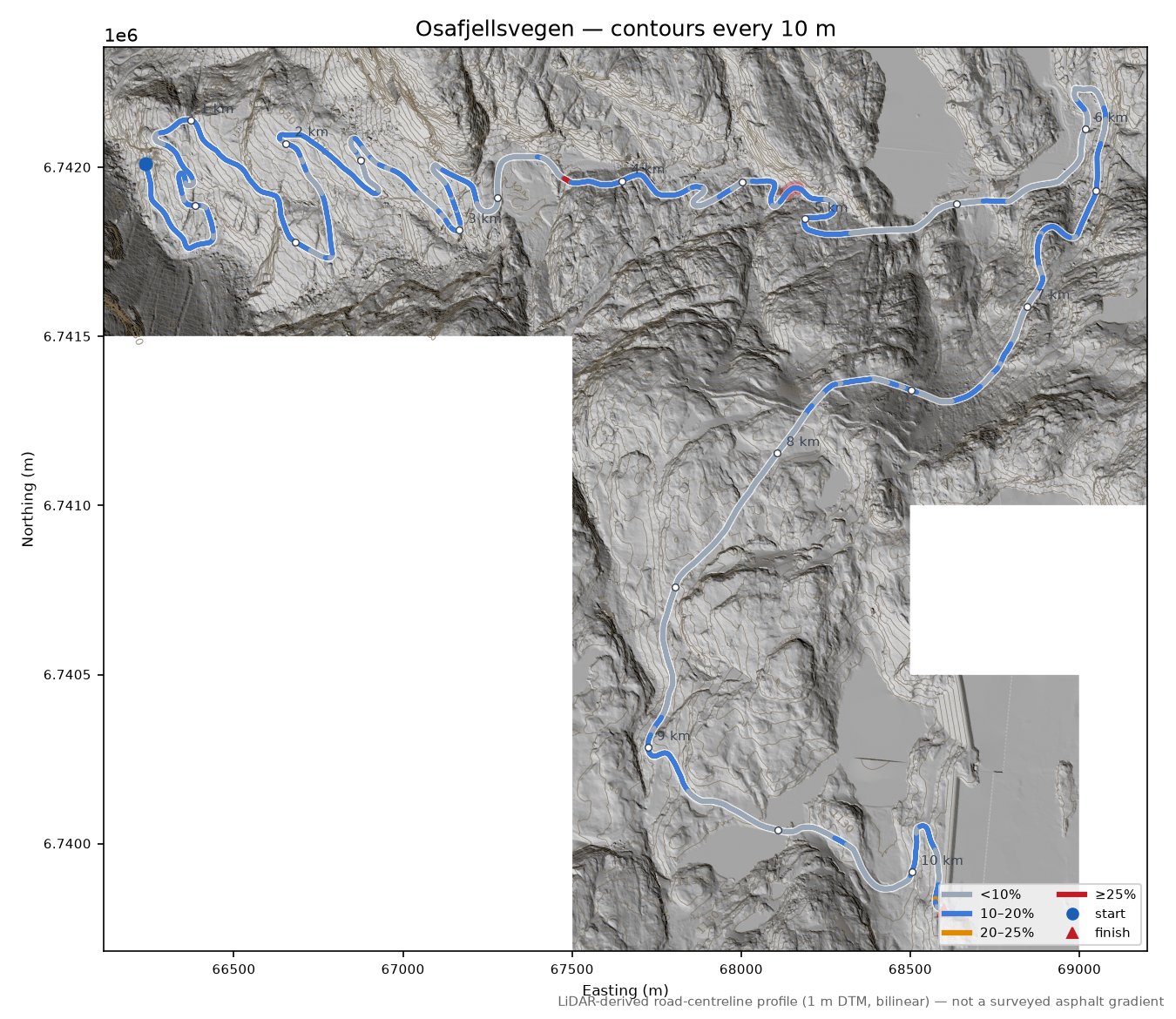 Osafjellsvegen LiDAR hillshade map with contours