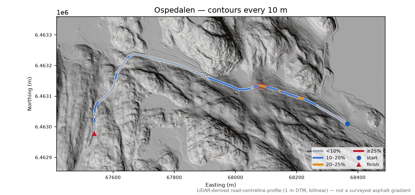 Ospedalen LiDAR hillshade map with contours