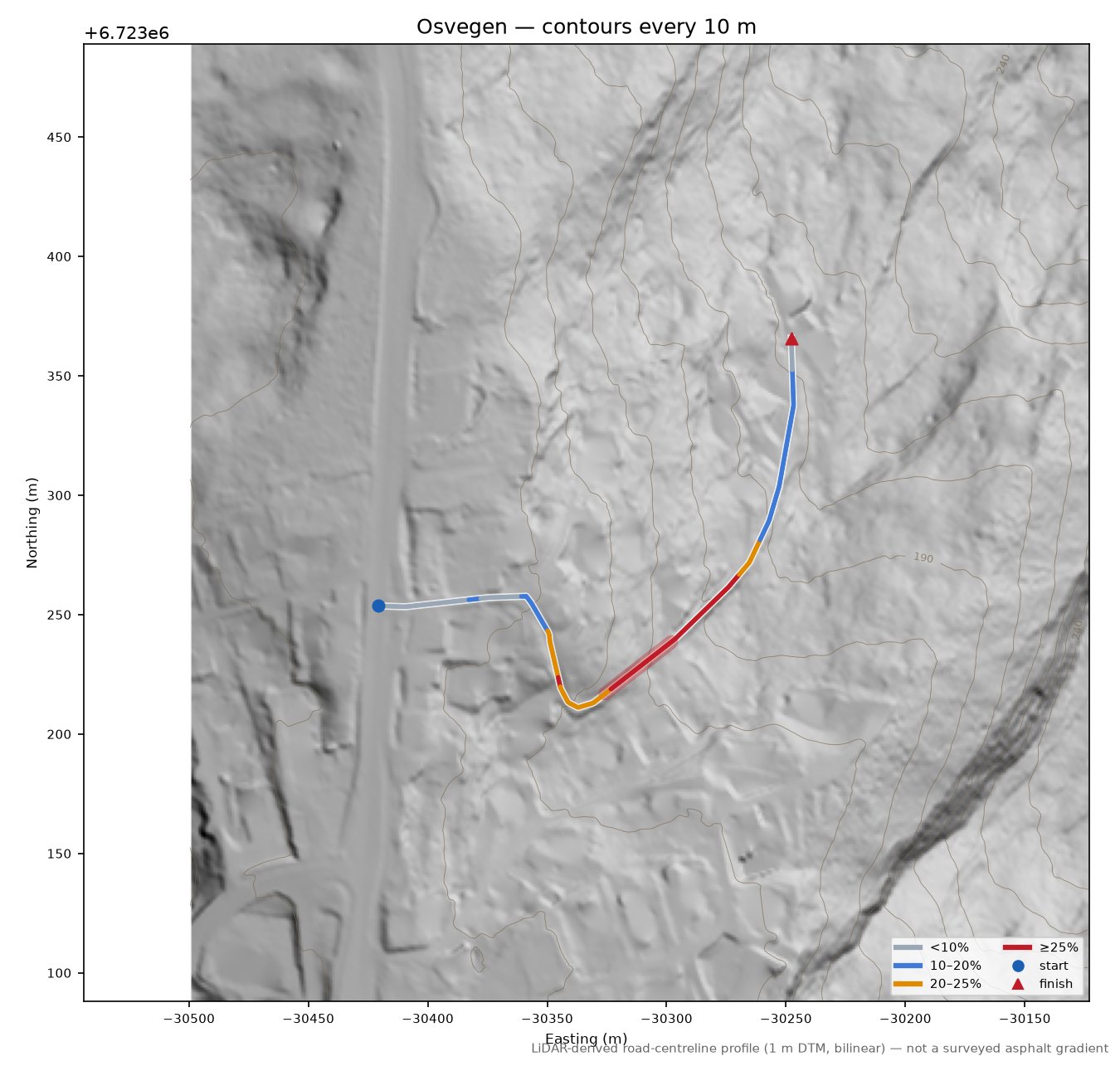 Osvegen LiDAR hillshade map with contours