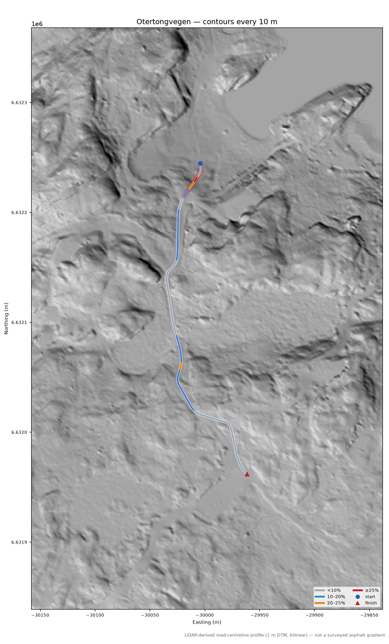 Otertongvegen LiDAR hillshade map with contours