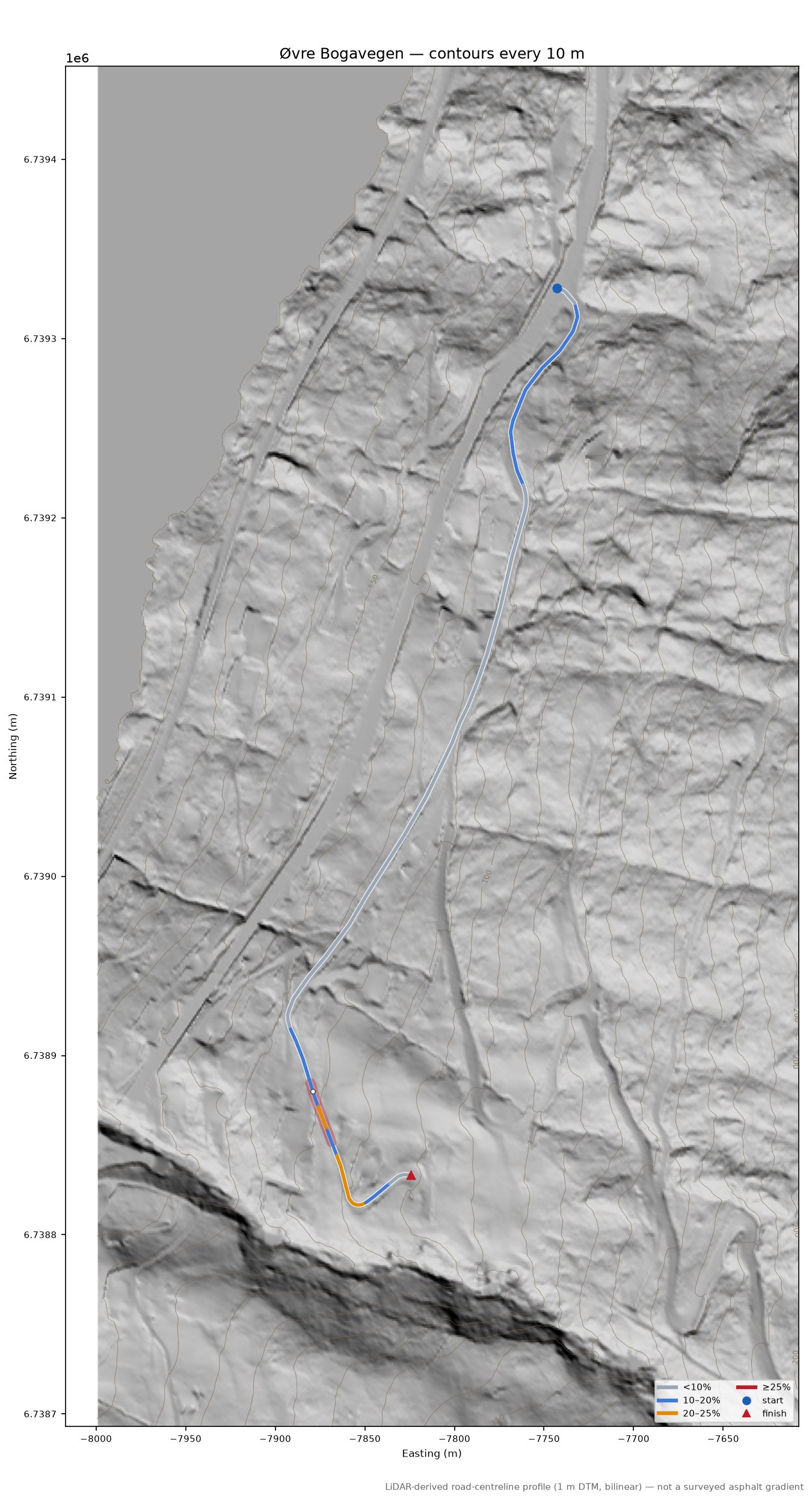Øvre Bogavegen LiDAR hillshade map with contours