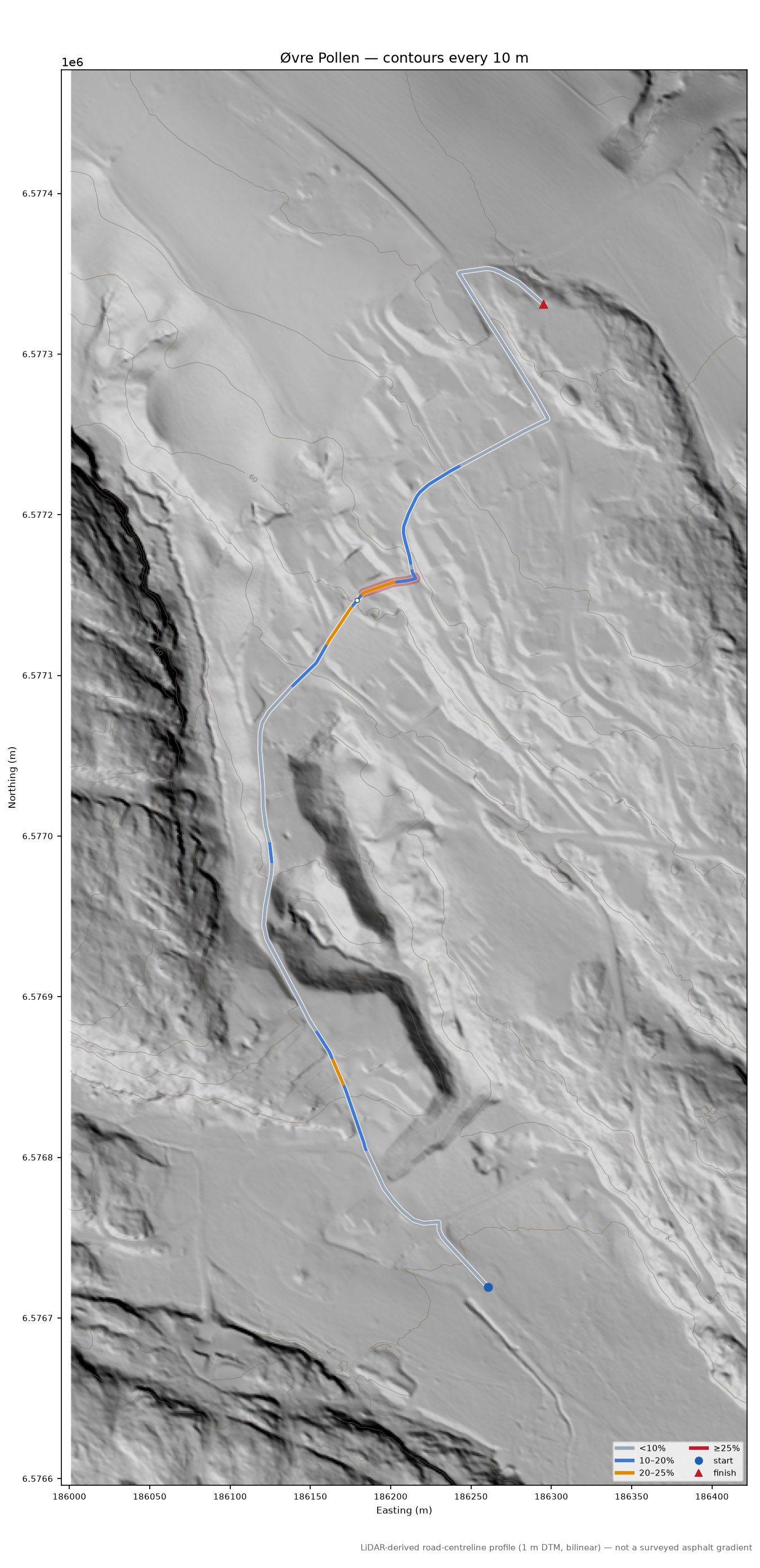 Øvre Pollen LiDAR hillshade map with contours