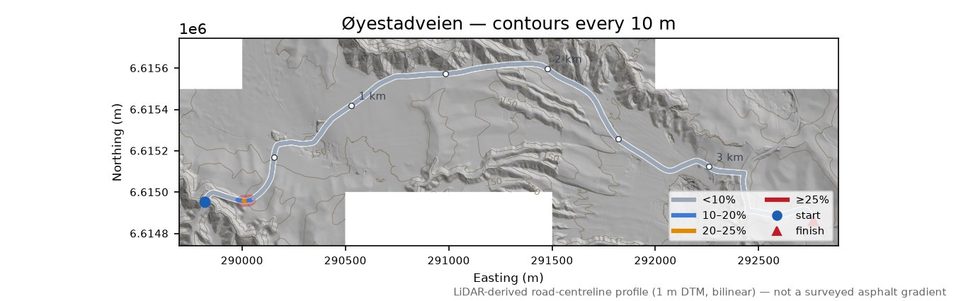Øyestadveien LiDAR hillshade map with contours