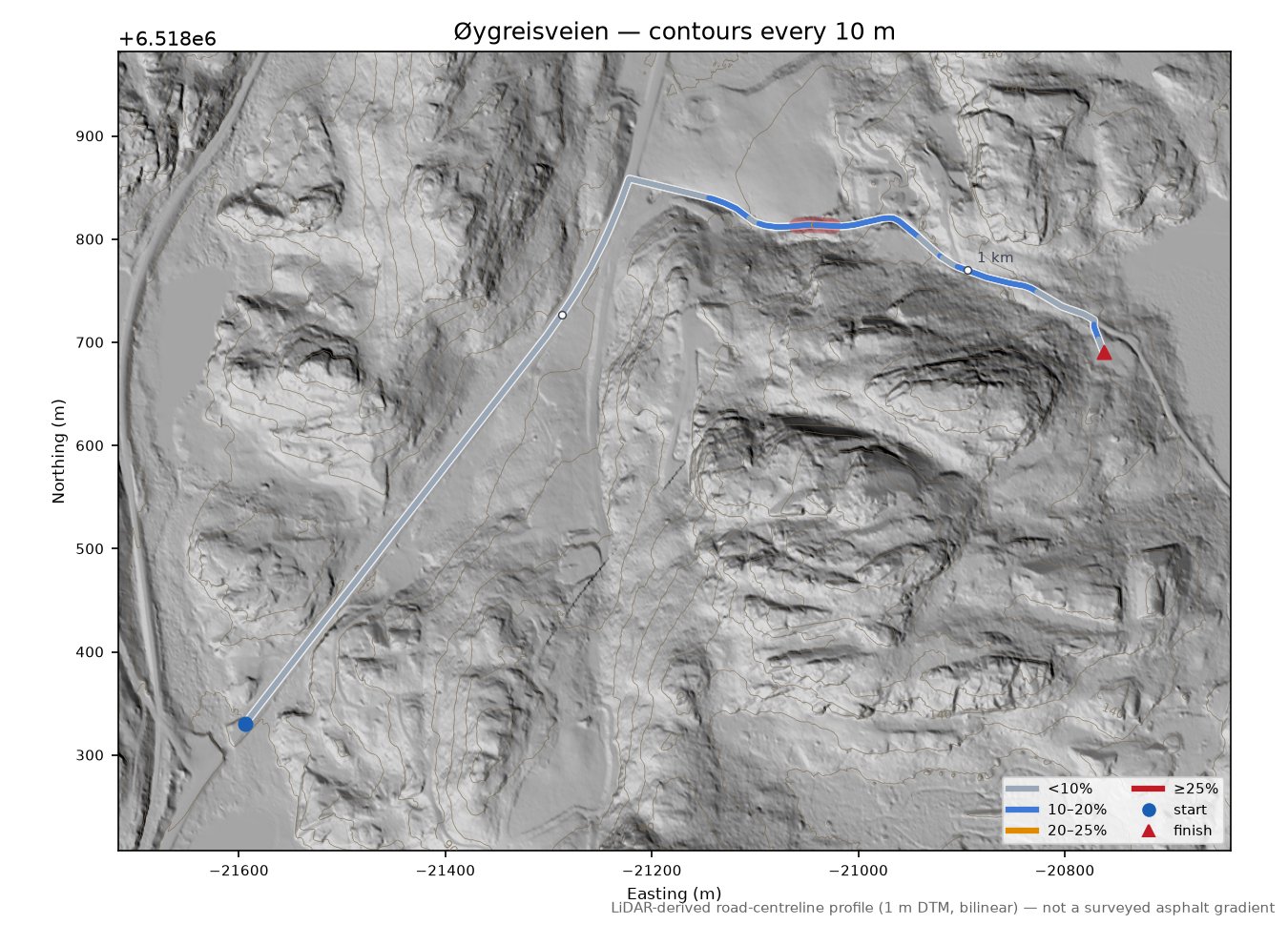 Øygreisveien LiDAR hillshade map with contours