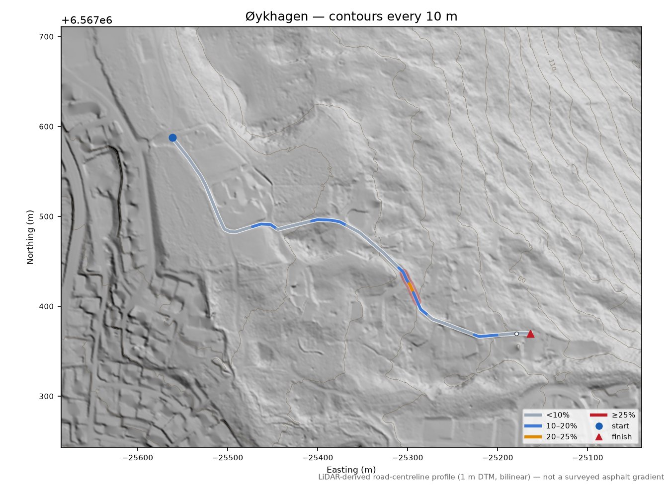 Øykhagen LiDAR hillshade map with contours
