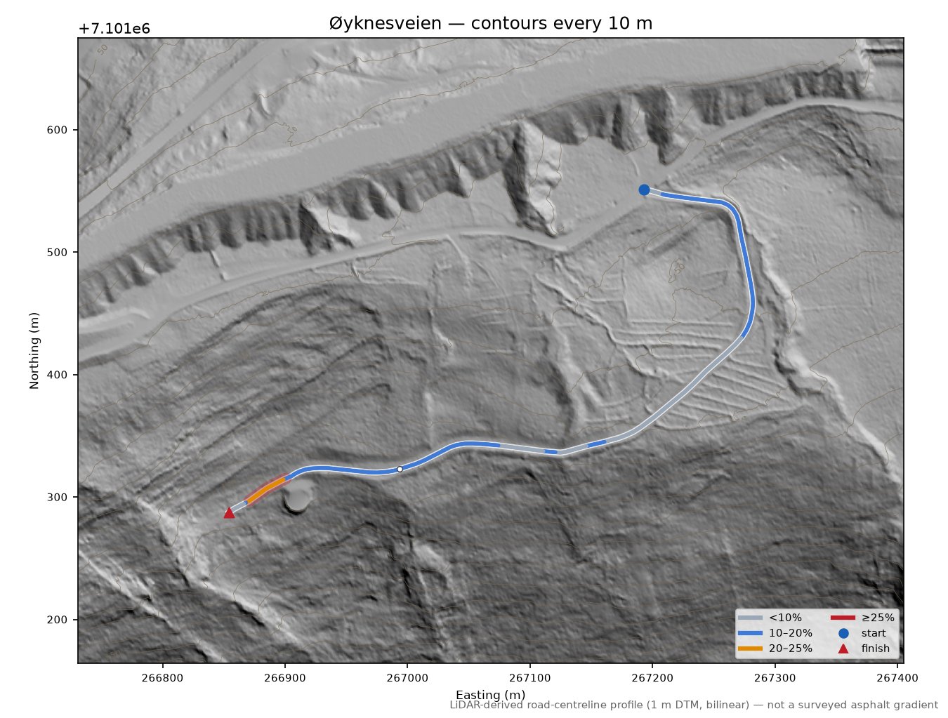 Øyknesveien LiDAR hillshade map with contours