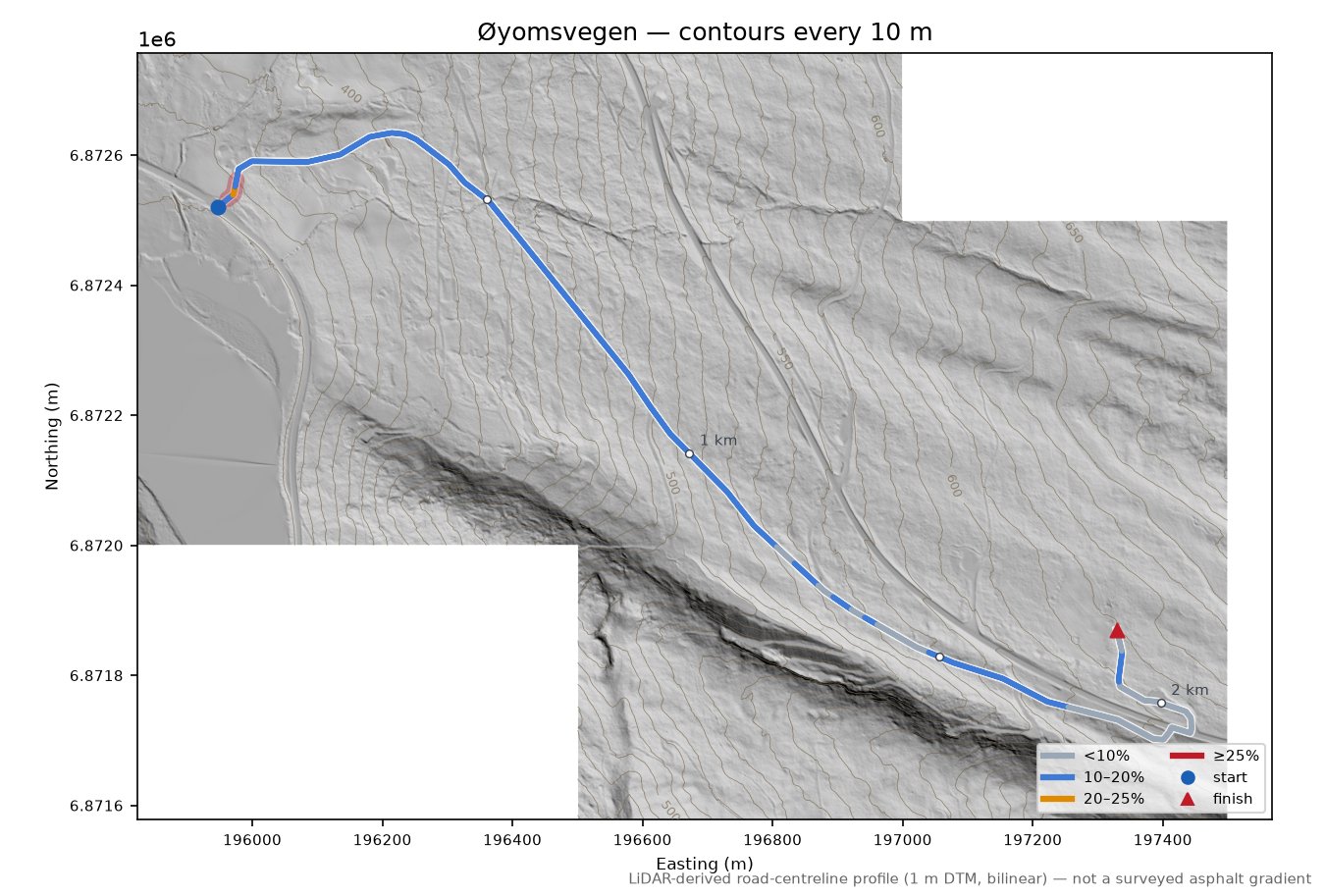 Øyomsvegen LiDAR hillshade map with contours