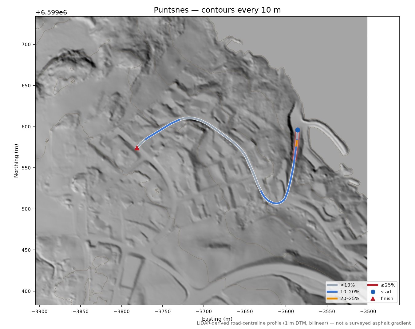 Puntsnes LiDAR hillshade map with contours