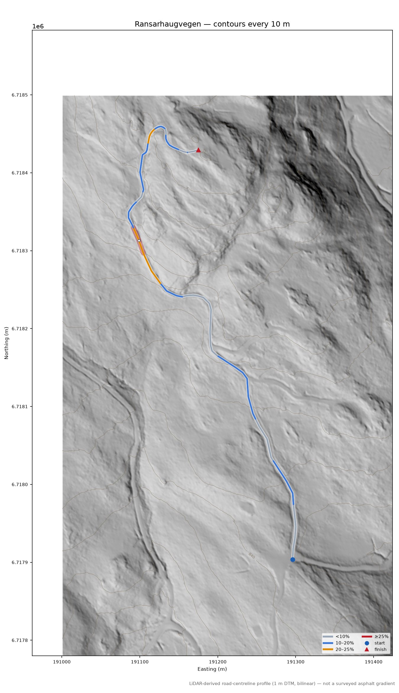 Ransarhaugvegen LiDAR hillshade map with contours