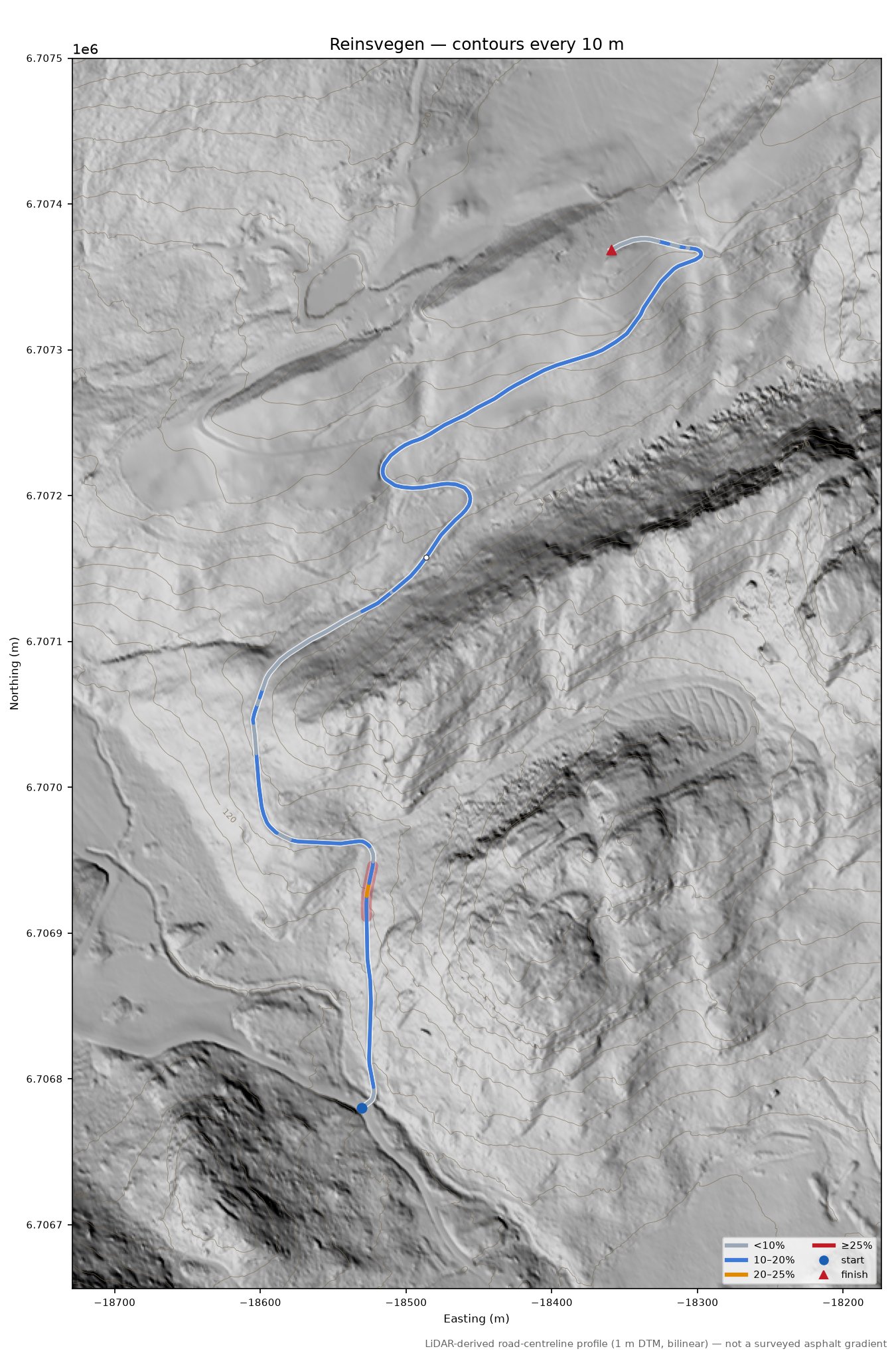Reinsvegen LiDAR hillshade map with contours