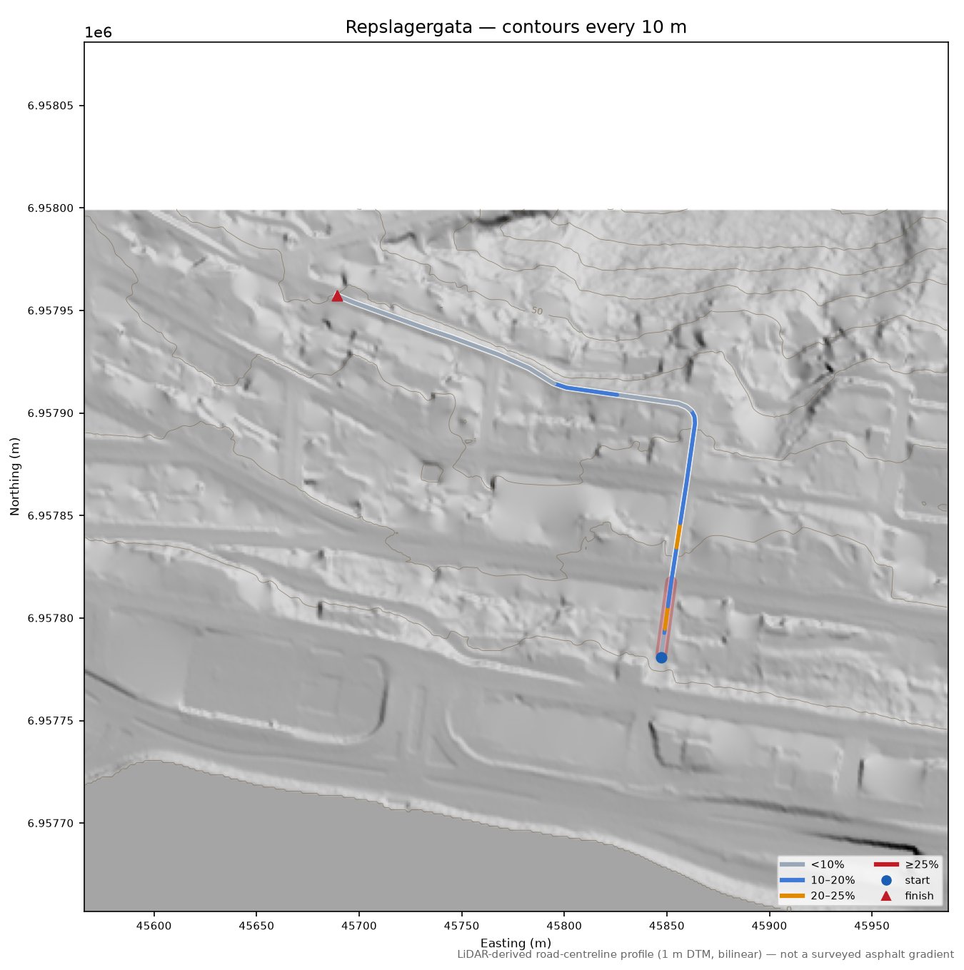 Repslagergata LiDAR hillshade map with contours