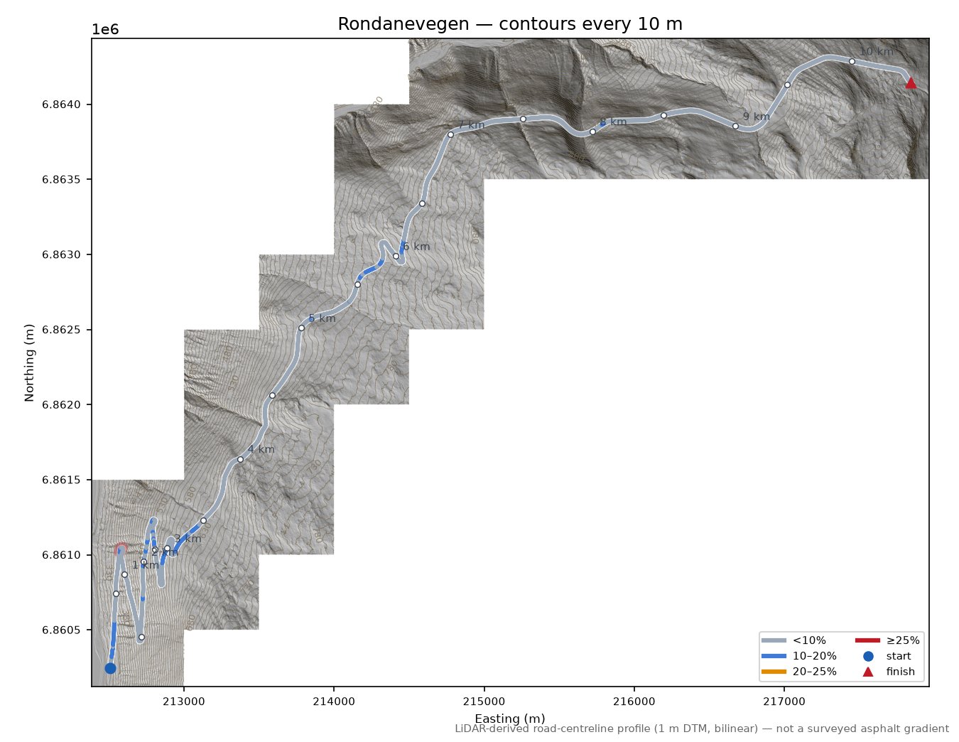 Rondanevegen LiDAR hillshade map with contours