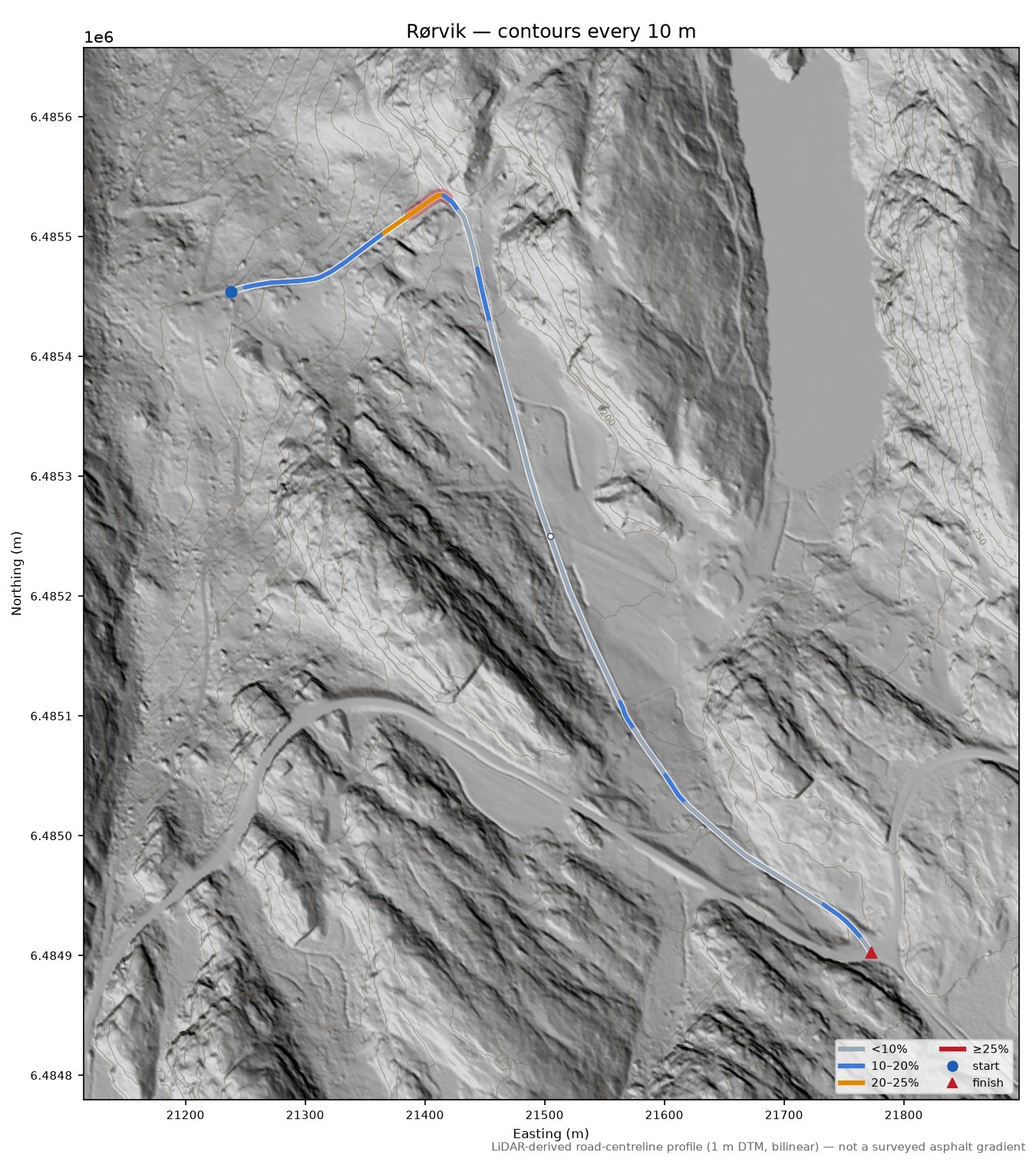 Rørvik LiDAR hillshade map with contours