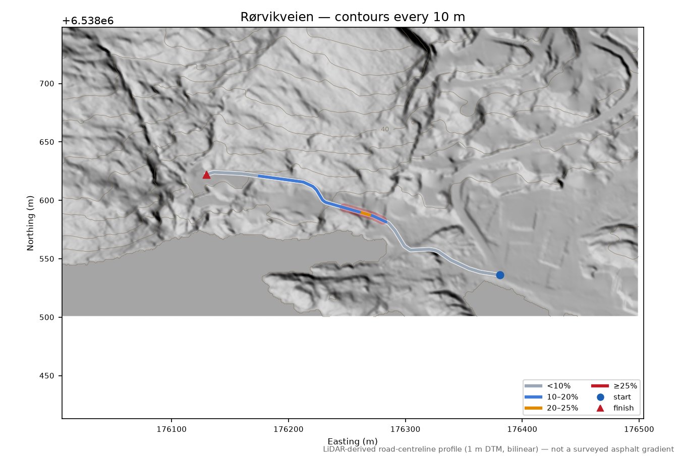 Rørvikveien LiDAR hillshade map with contours
