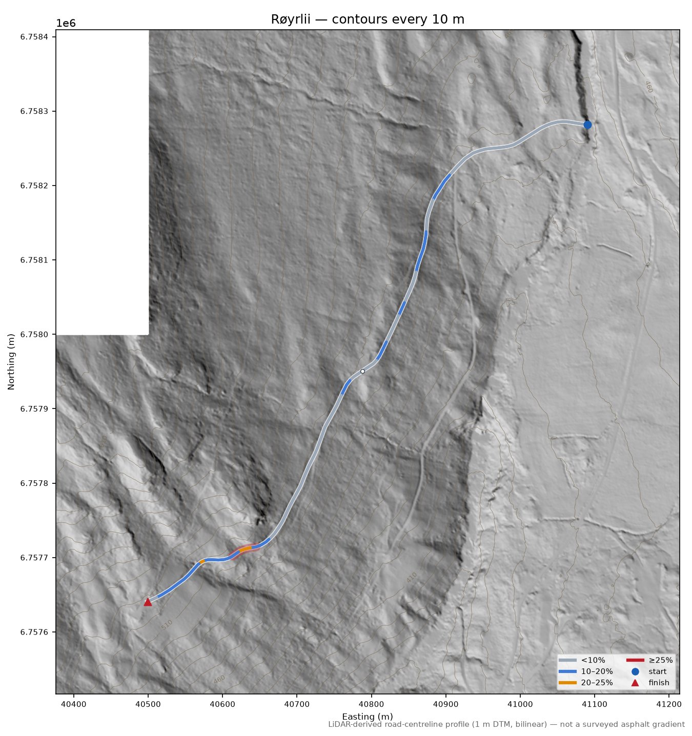 Røyrlii LiDAR hillshade map with contours