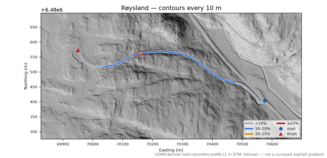 Røysland LiDAR hillshade map with contours