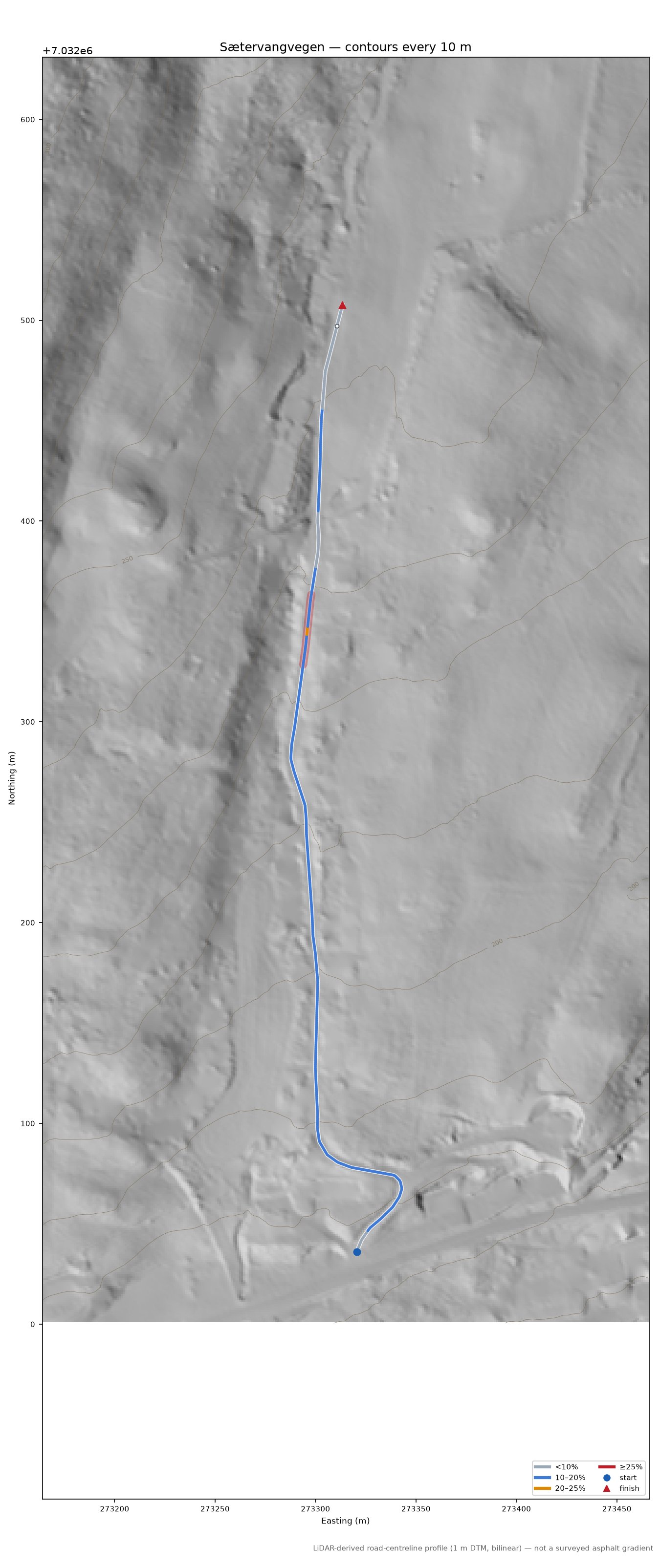 Sætervangvegen LiDAR hillshade map with contours