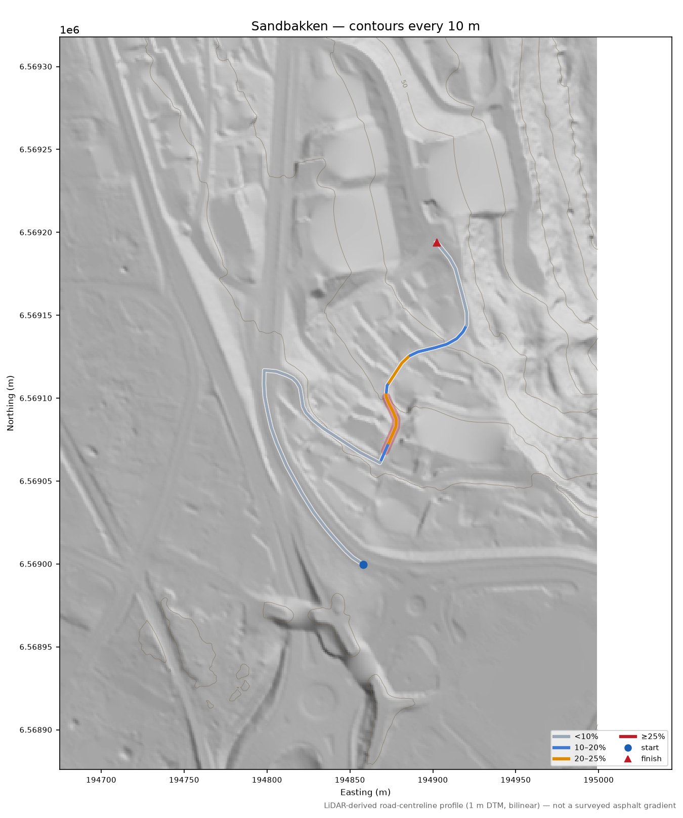 Sandbakken LiDAR hillshade map with contours